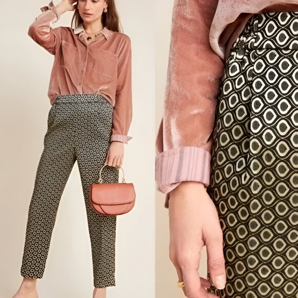 NWT Anthropologie Gold Lamé Black Diamond Dots Damask Jacquard Dress Pants S
